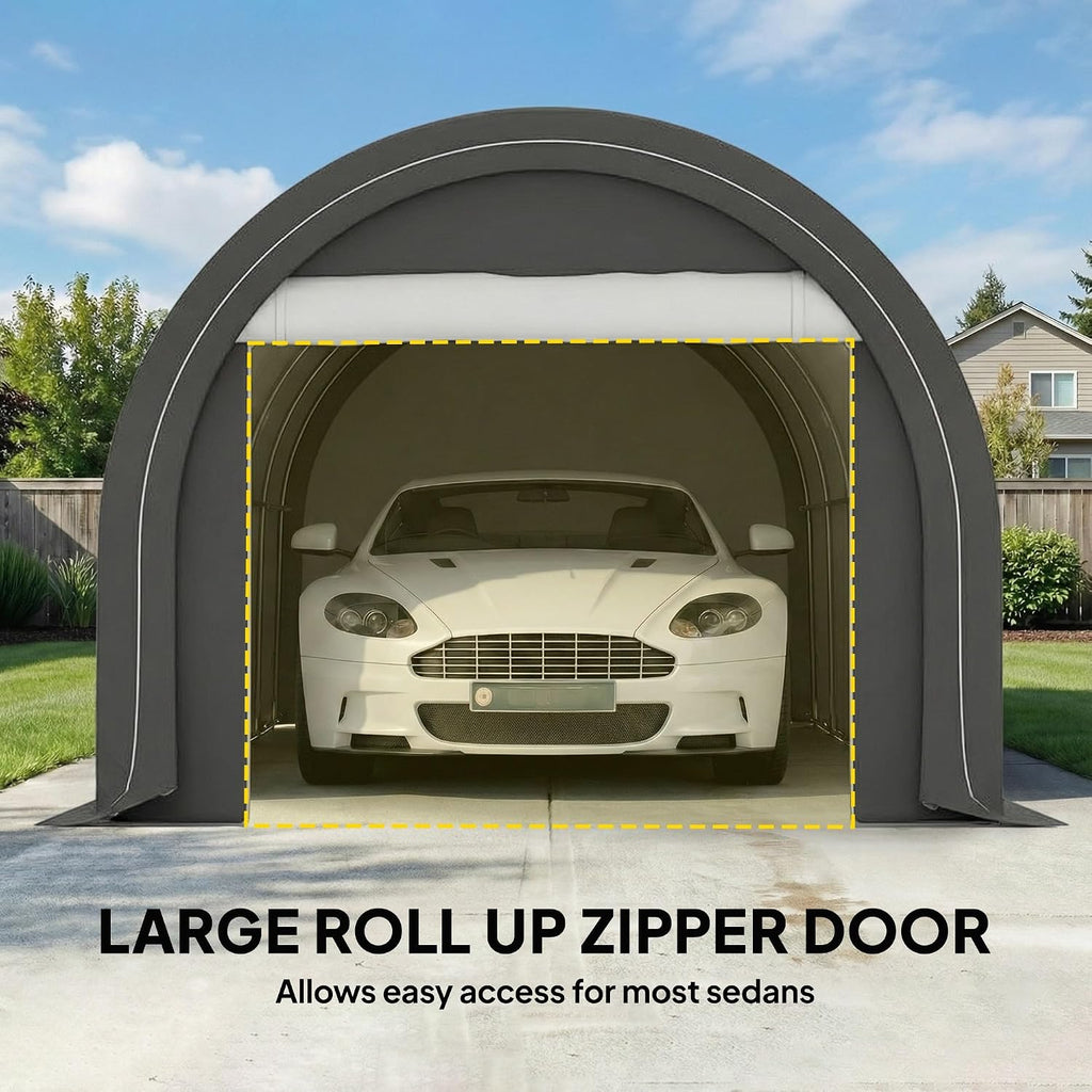 10' x 16' Carport Heavy Duty Portable Garage Storage Tent Gray | Large Zippered Door, Anti-UV PE Canopy Cover