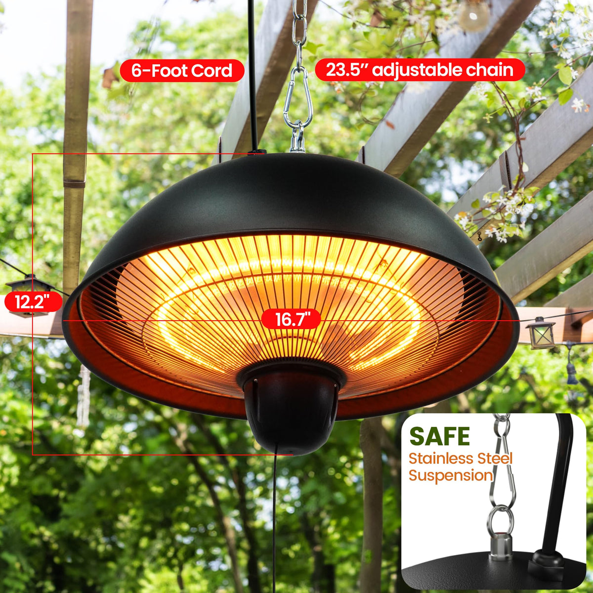 Hanging Patio Heater, Outdoor/Indoor Electric Infrared, Ceiling Heater with 3 Adjustable Modes 600W/900W/1500W.