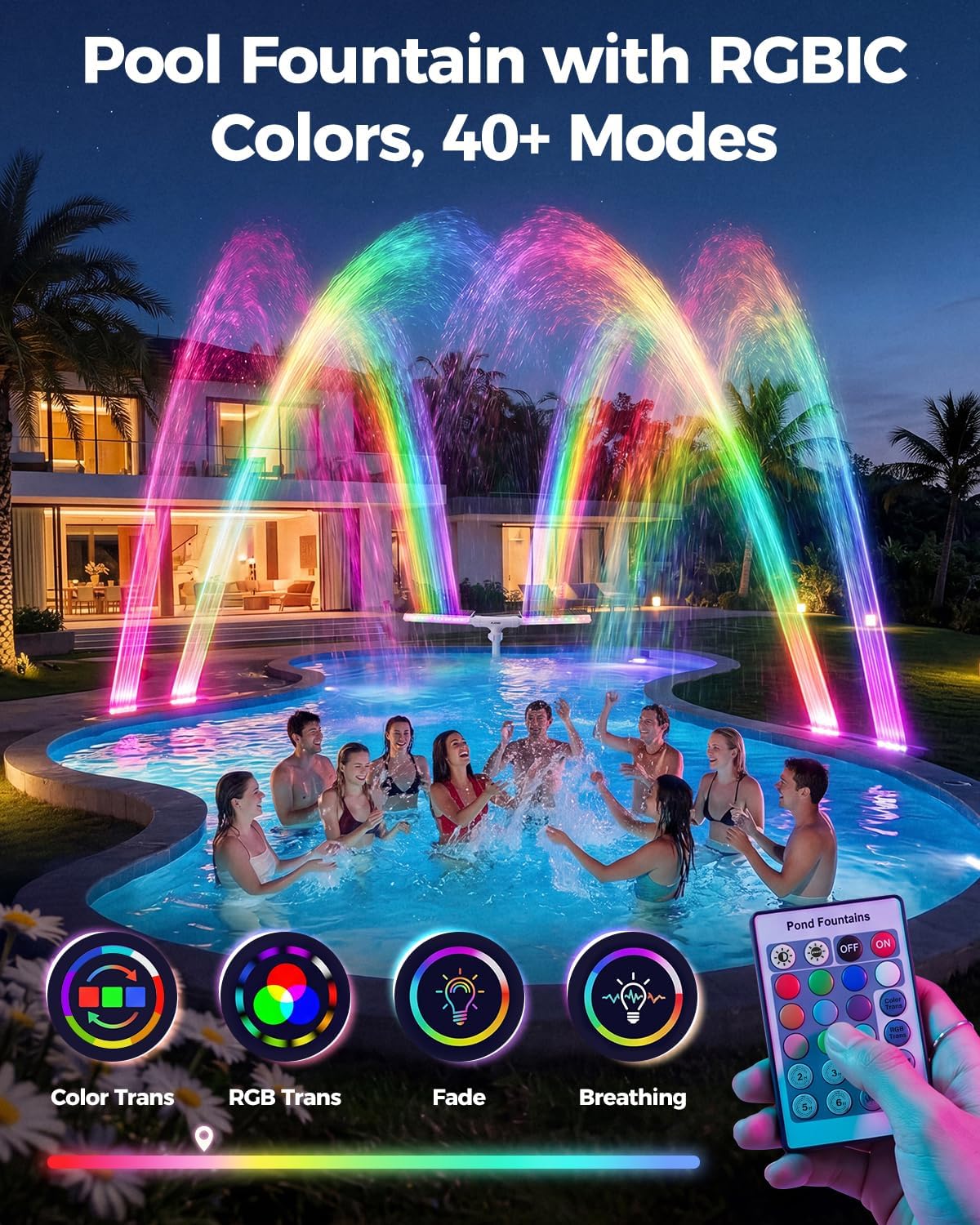 Solar Pool Fountain with Lights, Dual Power LED Waterfall (White) | Dual Power Solar and Type-C, 6000mAh Battery, 10
