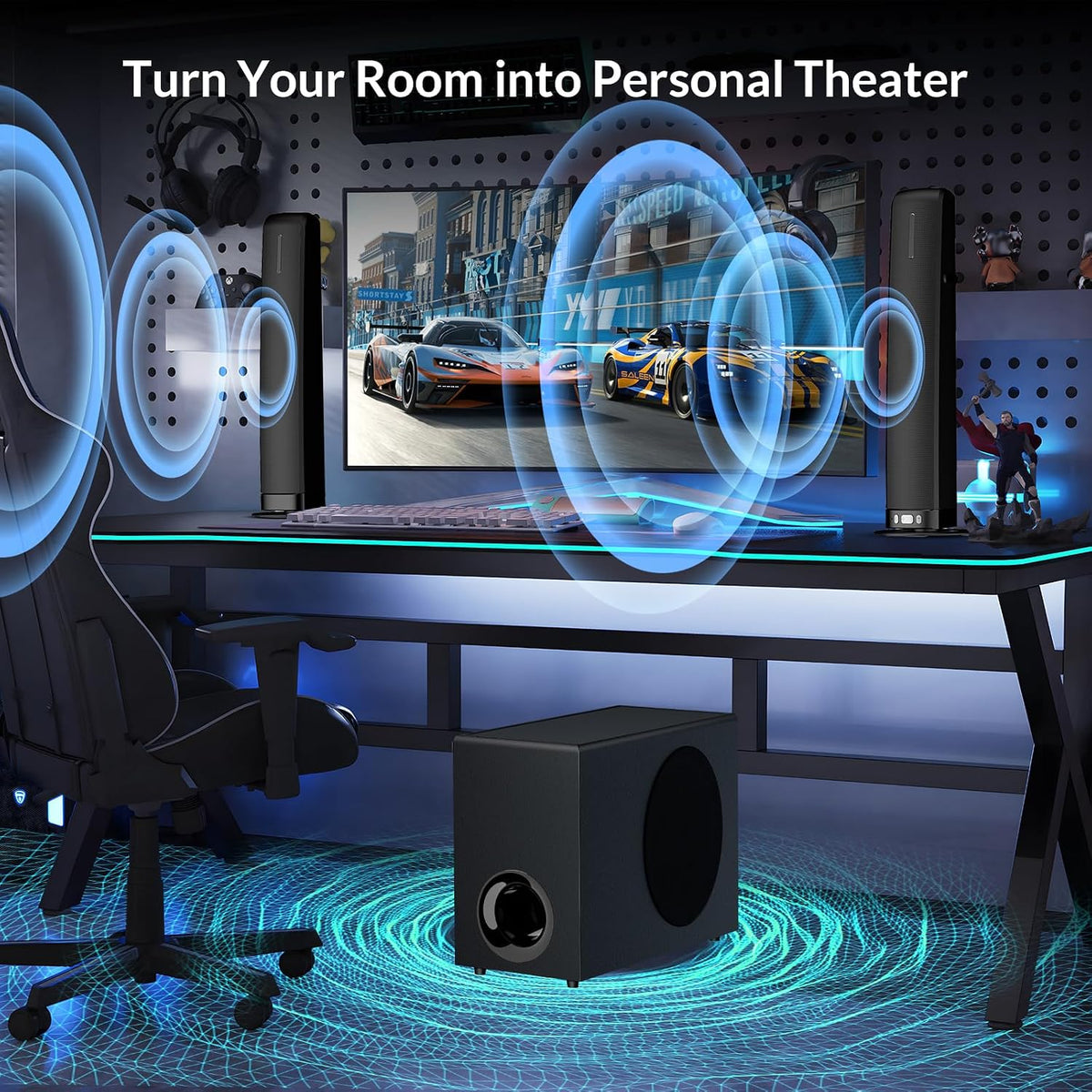 Sound Bar with Subwoofer, 110W Sound Bar for Smart TV with Adjustable Deep Bass & Volume Boost & 3 Equalizer Modes