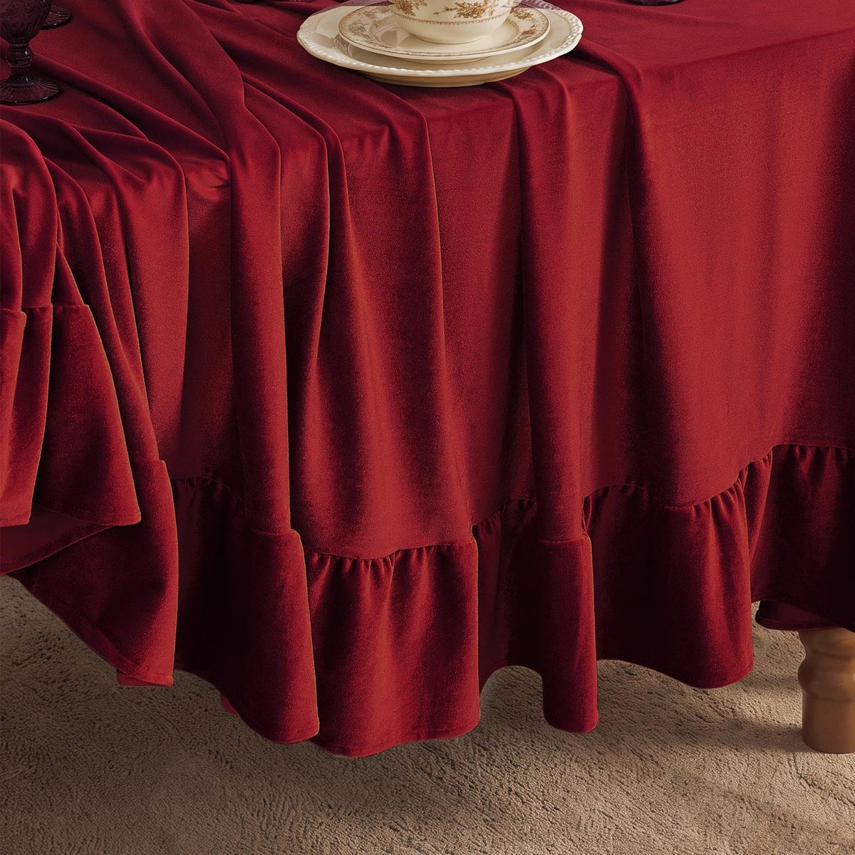 Ruffled Round Tablecloth, 70 Inch Christmas Red