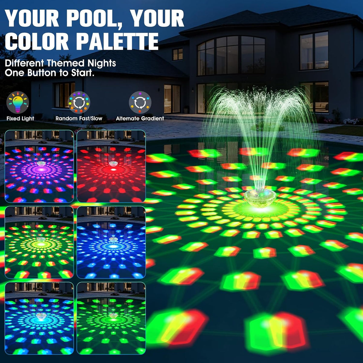 Pool Fountain with Light,Upgraded Rechargeable Floating Pool Fountain Pumps | 8000mAh Battery,6 Light Modes,2 Spray