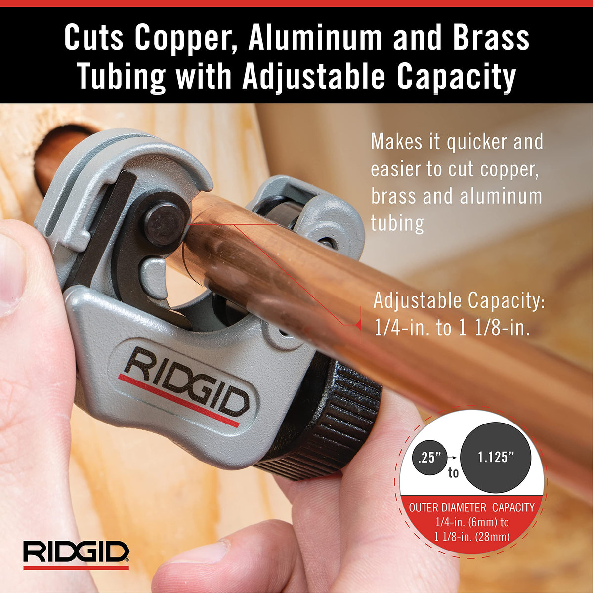RIDGID 32573 Model 118 2-in-1 Close Quarters Tubing Cutter for 1/4" to 1-1/8" Copper, Brass, and Aluminum Tubing, Compact tubing cutter with AUTOFEED