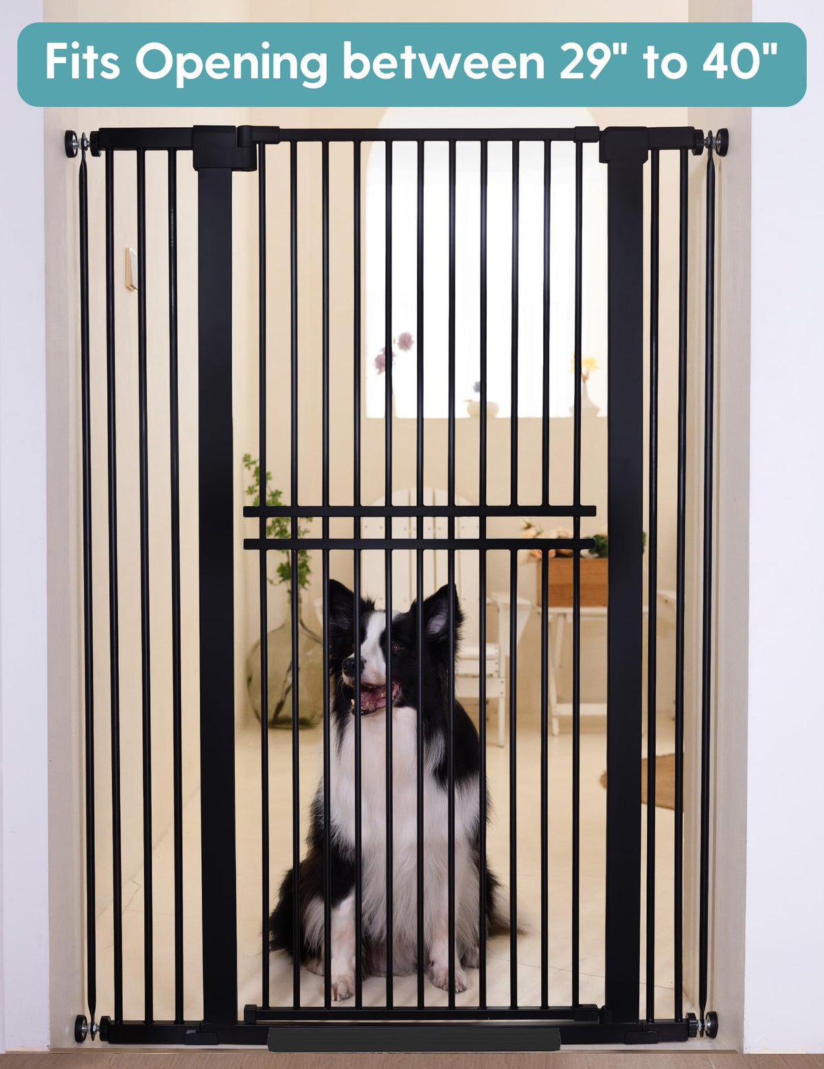 55" x 29-40" Wide Extra-Tall & Extra-Wide Adjustable Hardware/Pressure-Mounted Pet & Child Safety Gate with Dual-Lock Walk-Through Swing Door for Stairs, Hallways & Wide Doorways — Black