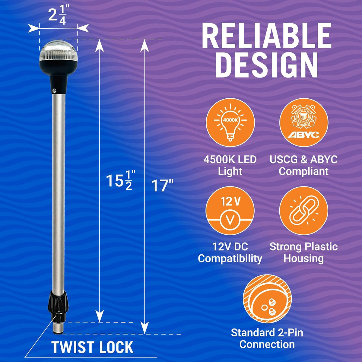 Boat Anchor Light Pole, 17" LED Stern Light, Tested to USCG Standards
