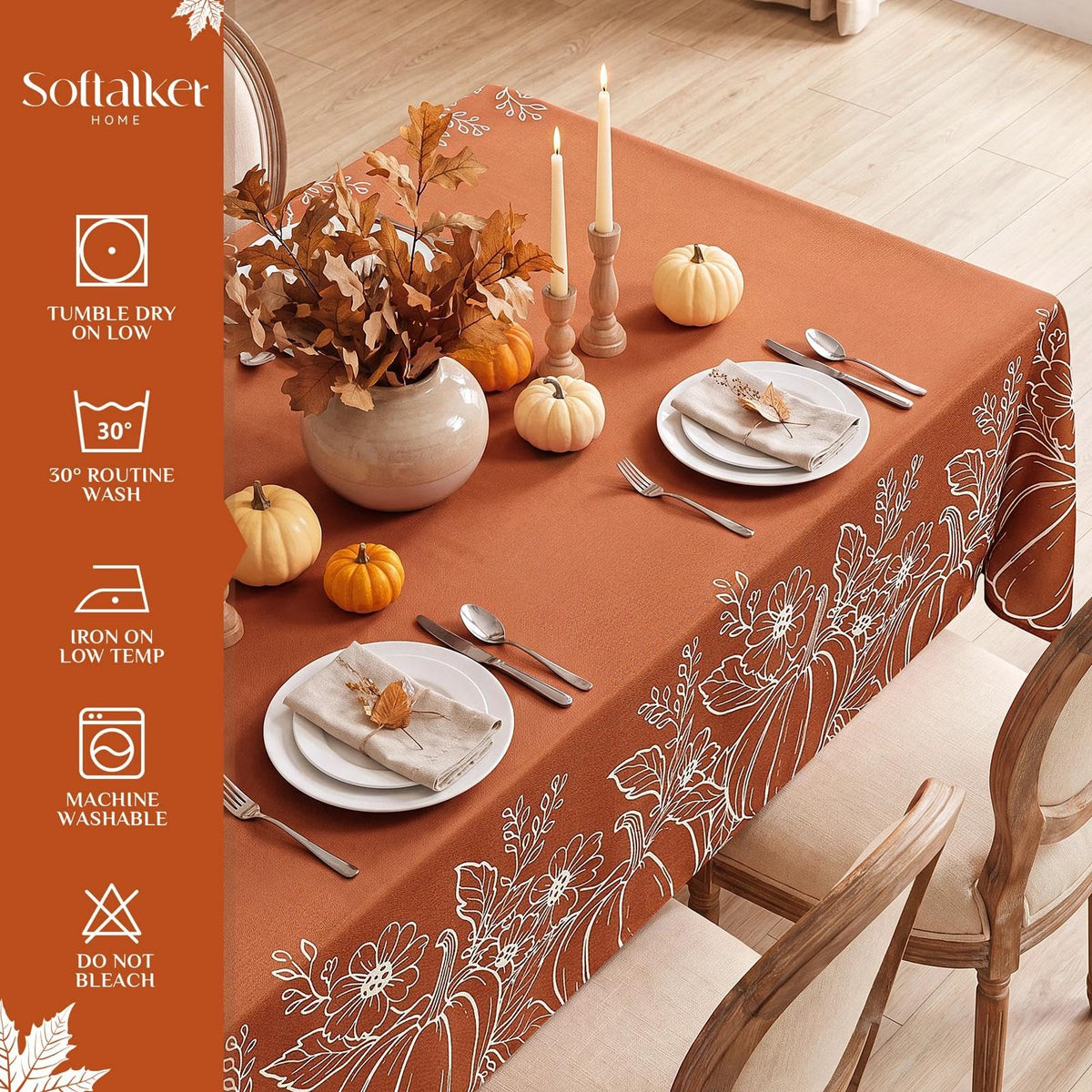 Large Fall Tablecloth Rectangle 60x104 inch, Faux Linen Autumn Table Cloths with Maple Leaves & Pumpkin, Water