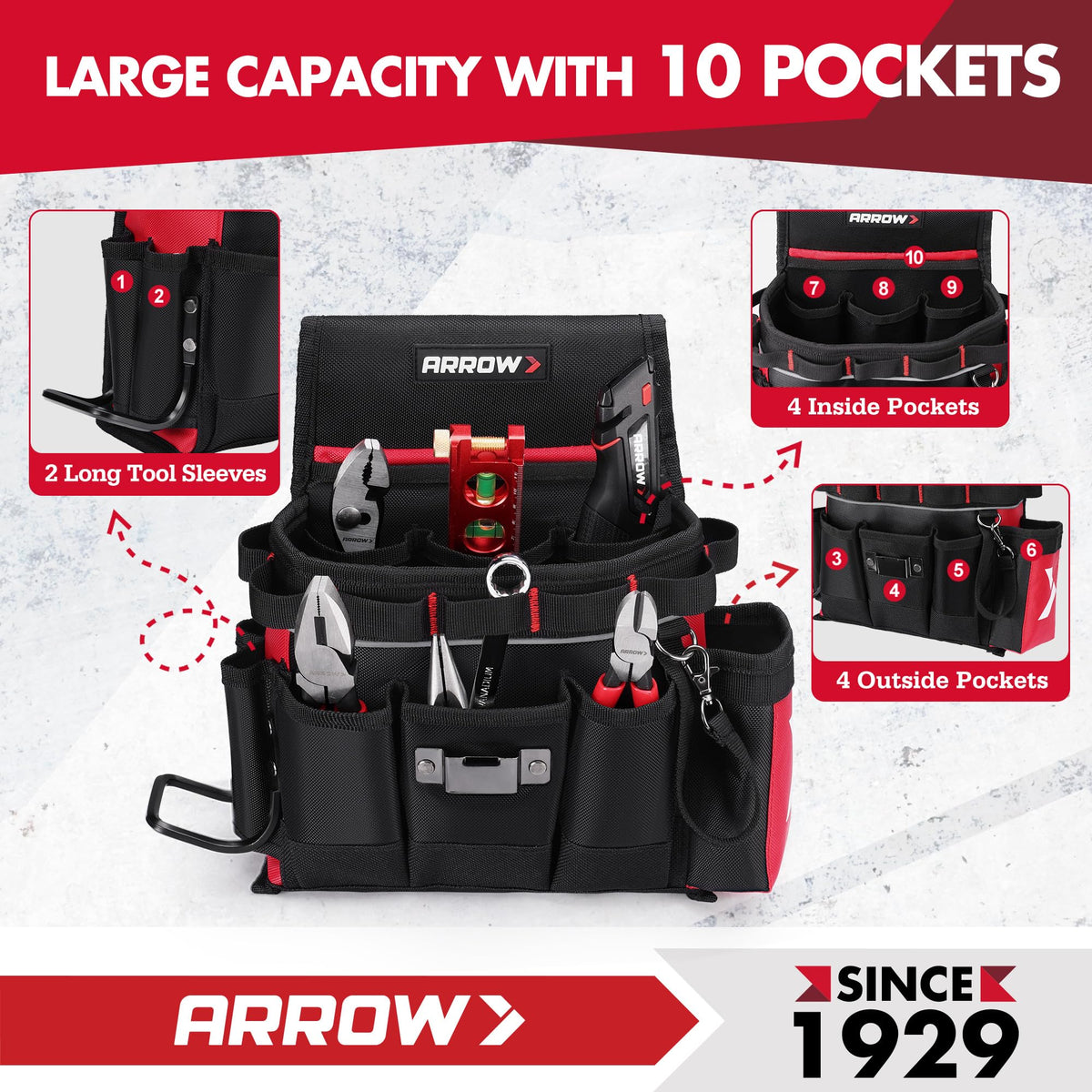 ARROW Tool Belt Heavy-Duty, Electrician Tool Pouch with 10 Pockets
