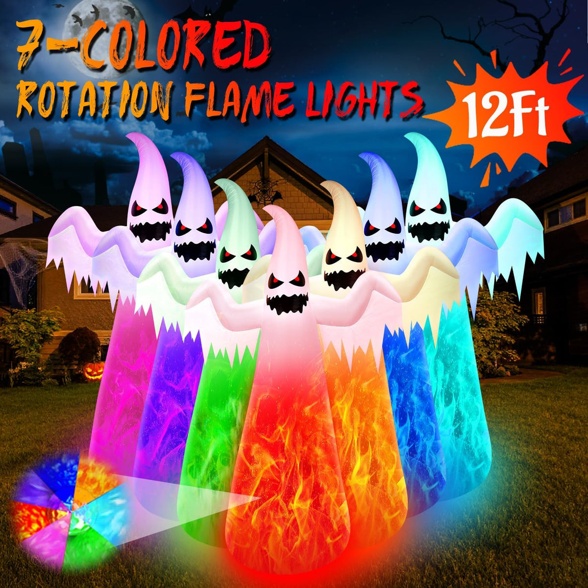 12FT Giant Halloween Inflatables Ghost with 7-Colored Flame Rotation LED Lights, Huge Halloween Decorations Outdoor