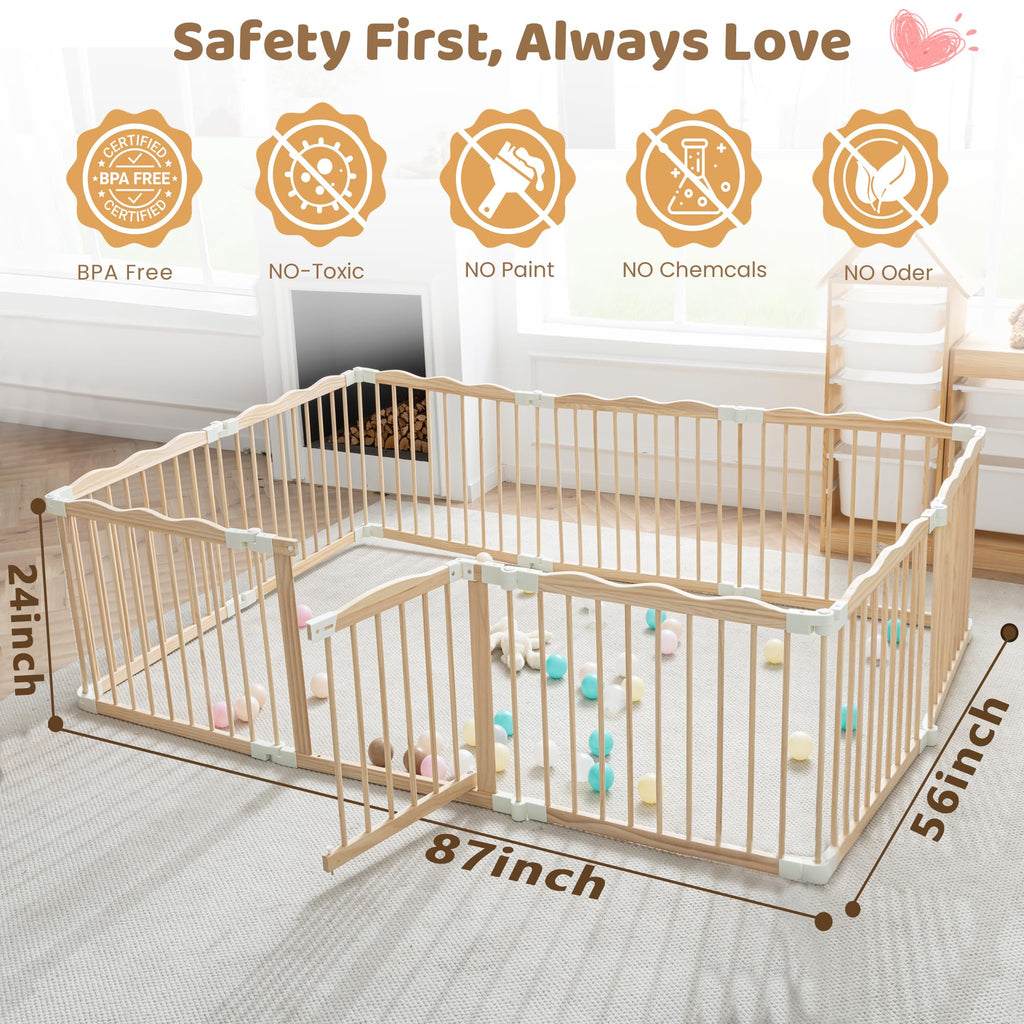 86" x58" Modular Foldable Baby Playpen & Safety Activity Yard with Locking Walk-Through Gate for Infants & Toddlers — Natural Wood