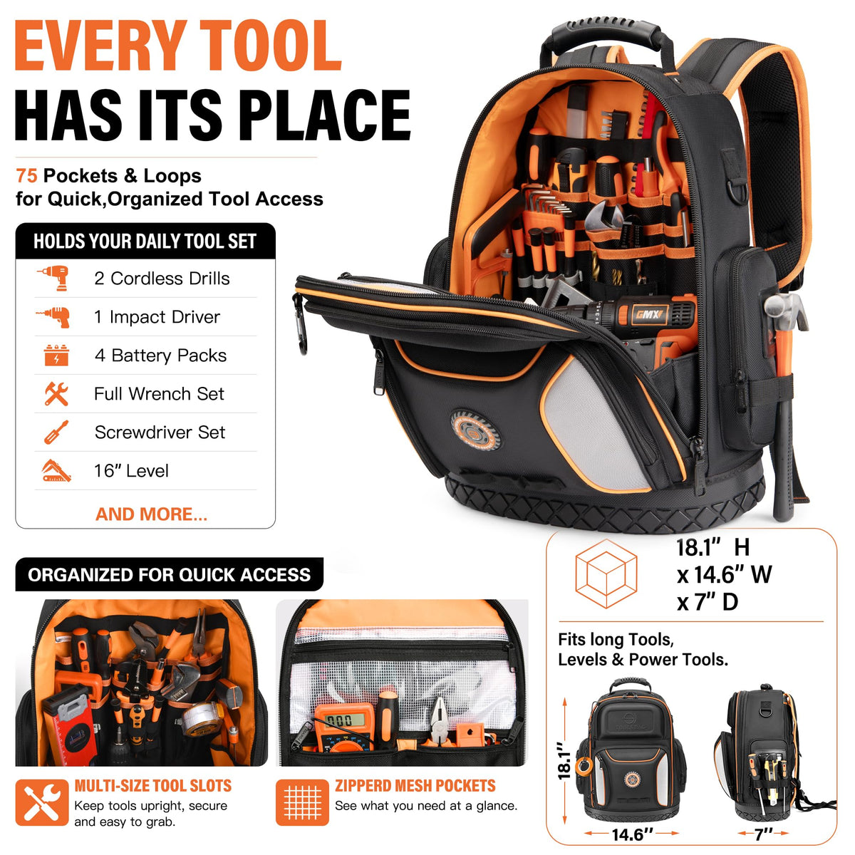 18.1-inch Heavy-Duty Tool Backpack, 75 Pockets, Black