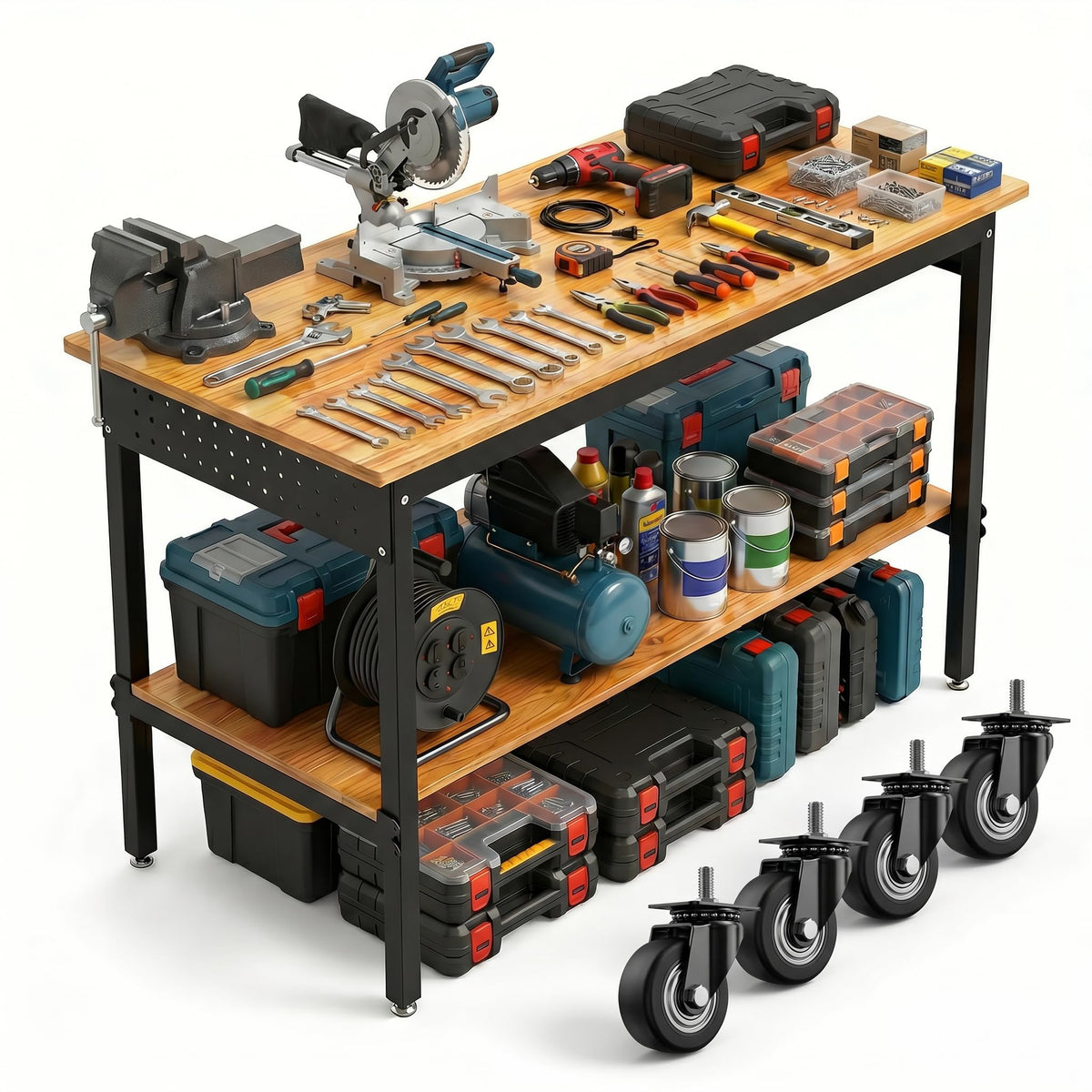 Double Layer 60 Inch Adjustable Workbench for Garage with Storage