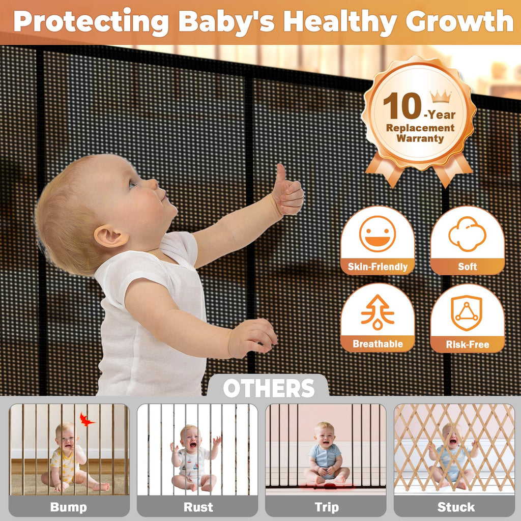 236" x 42" Tall Extra-Wide Retractable Indoor Mesh Pet & Child Safety Gate with One-Hand Safety Lock for Wide Openings, Patios & Stairways