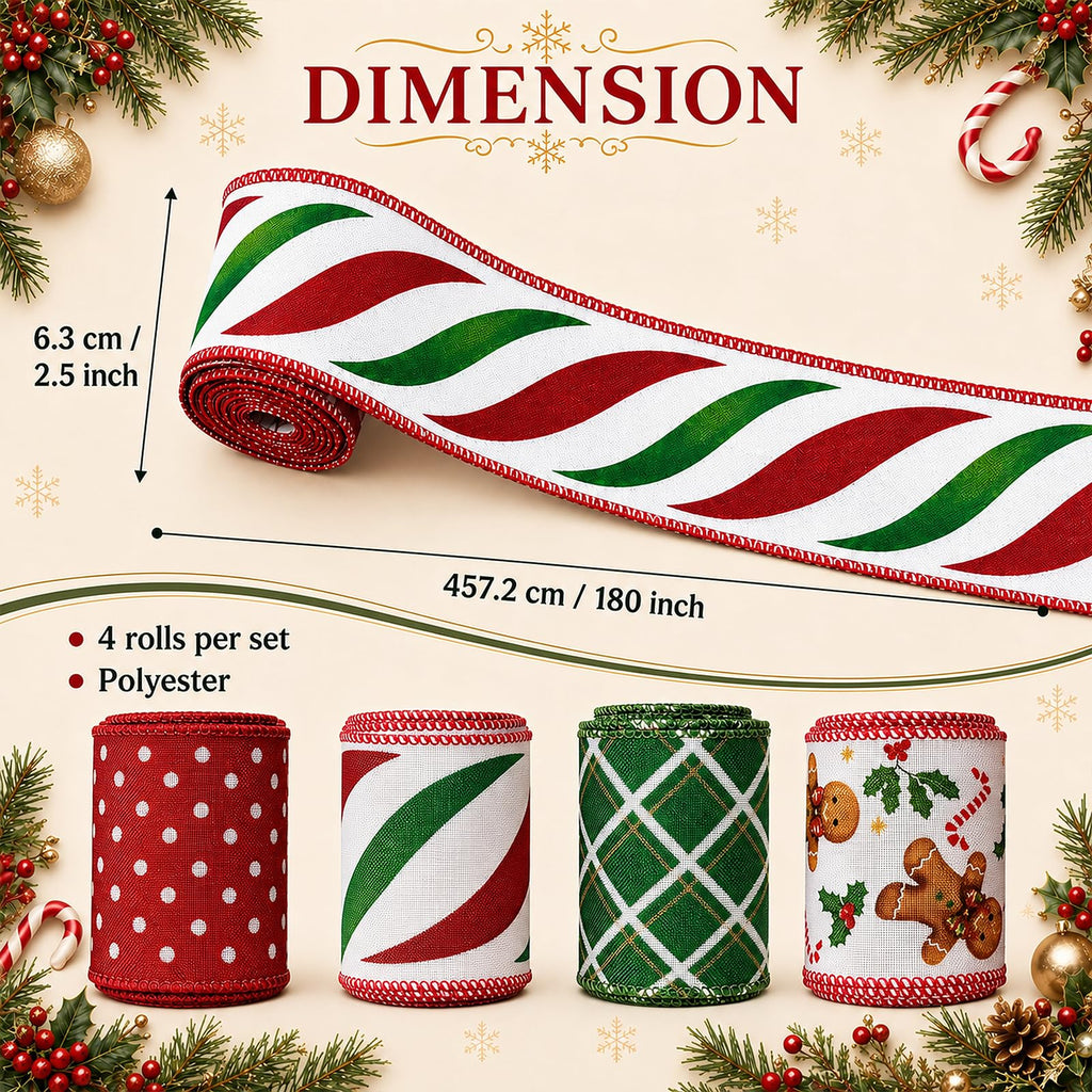 Christmas Wired Ribbon, 4 Rolls, 2.5 in x 5 yd Each, 20 yd Total