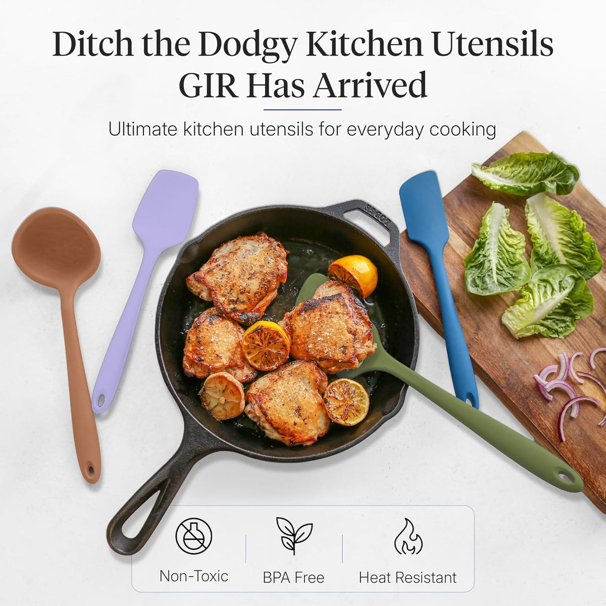Get It Right 5 Piece Silicone Ultimate Kitchen Utensils Set - Ladle, Spatula, Flip, Spoon & Spoonula - Non-Toxic