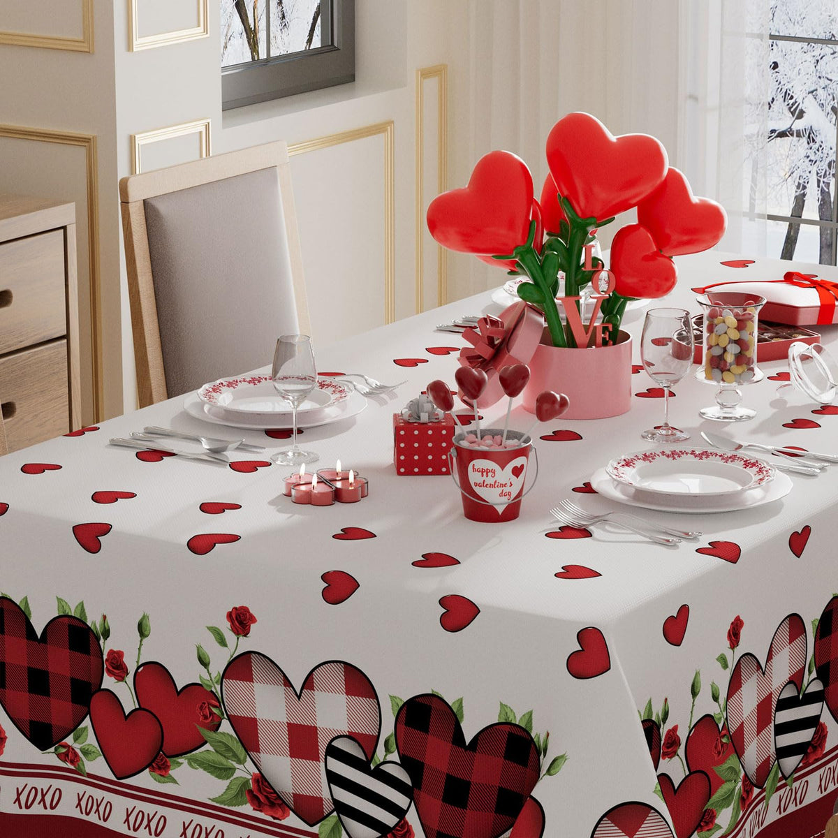 Plaid Love Hearts Valentine’s Day Tablecloth Rectangle Table Cloth Washable Table Covers for Indoor Outdoor Dining