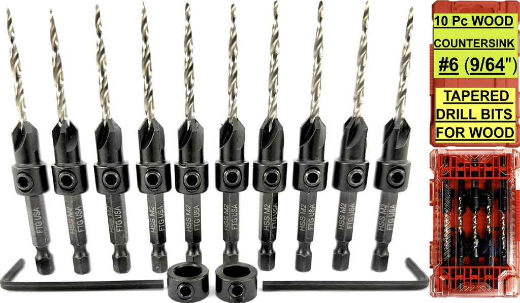 FTG USA 10 Pc #6 (9/64") Countersink Drill Bit Set with Tapered Drill Bits