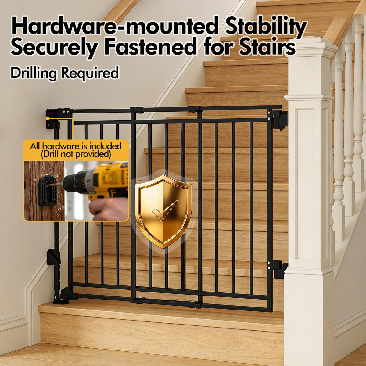 39" H x 32-54" W Extra-Tall & Extra-Wide Adjustable Hardware/Pressure-Mounted Pet & Child Safety Gate with Dual-Lock Walk-Through Swing Door for Stairs, Hallways & Wide Doorways — Black