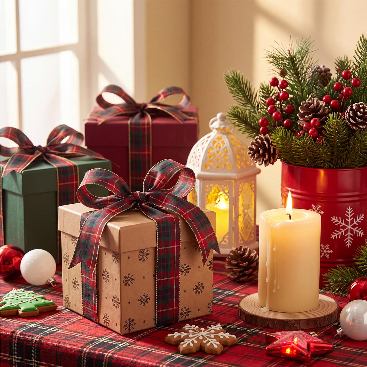 Christmas Tartan Ribbons Plaid 1.5 Inch 30 Yard Wired Ribbons