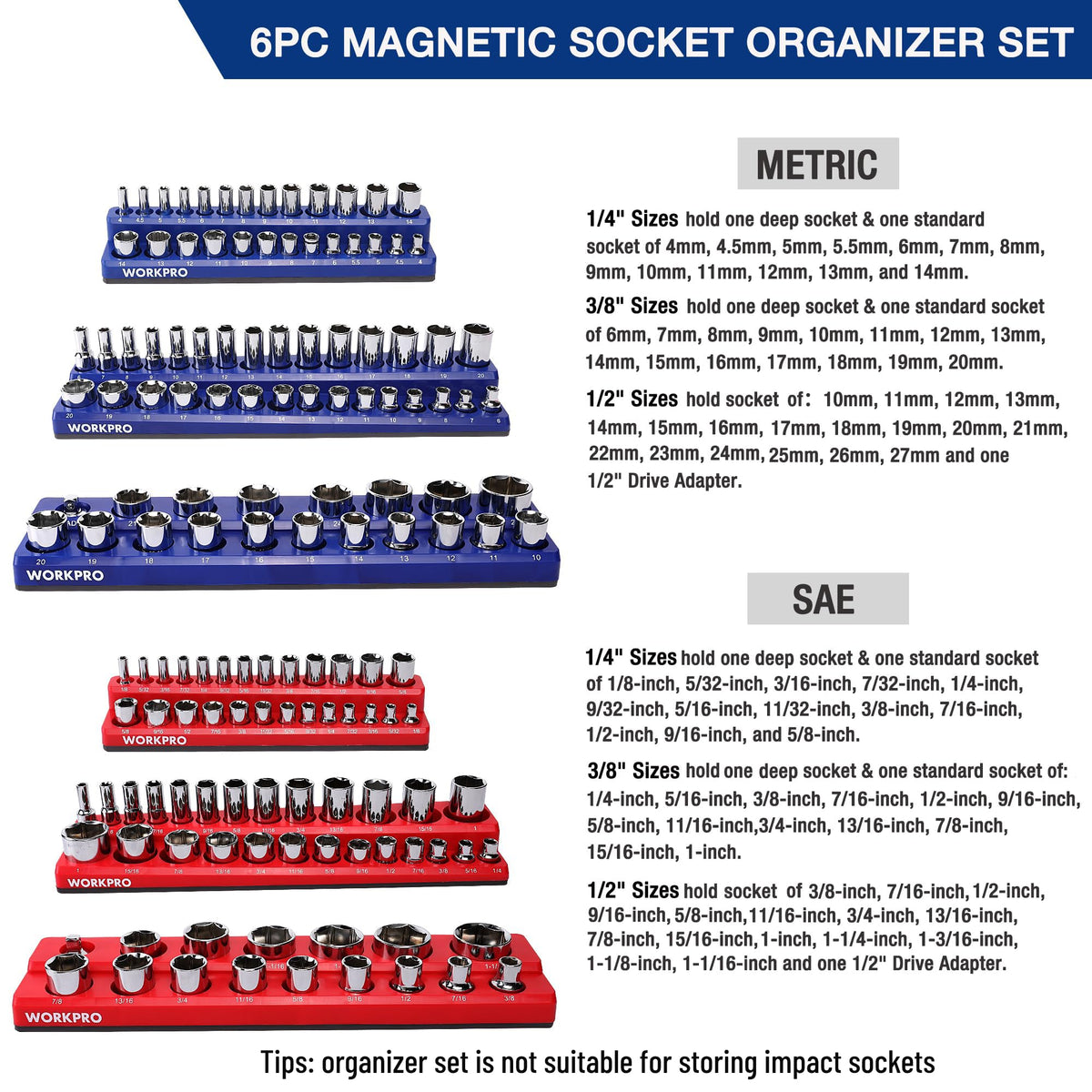 Magnetic Socket Organizer Set, 6-Piece Metric SAE Socket Holder Set