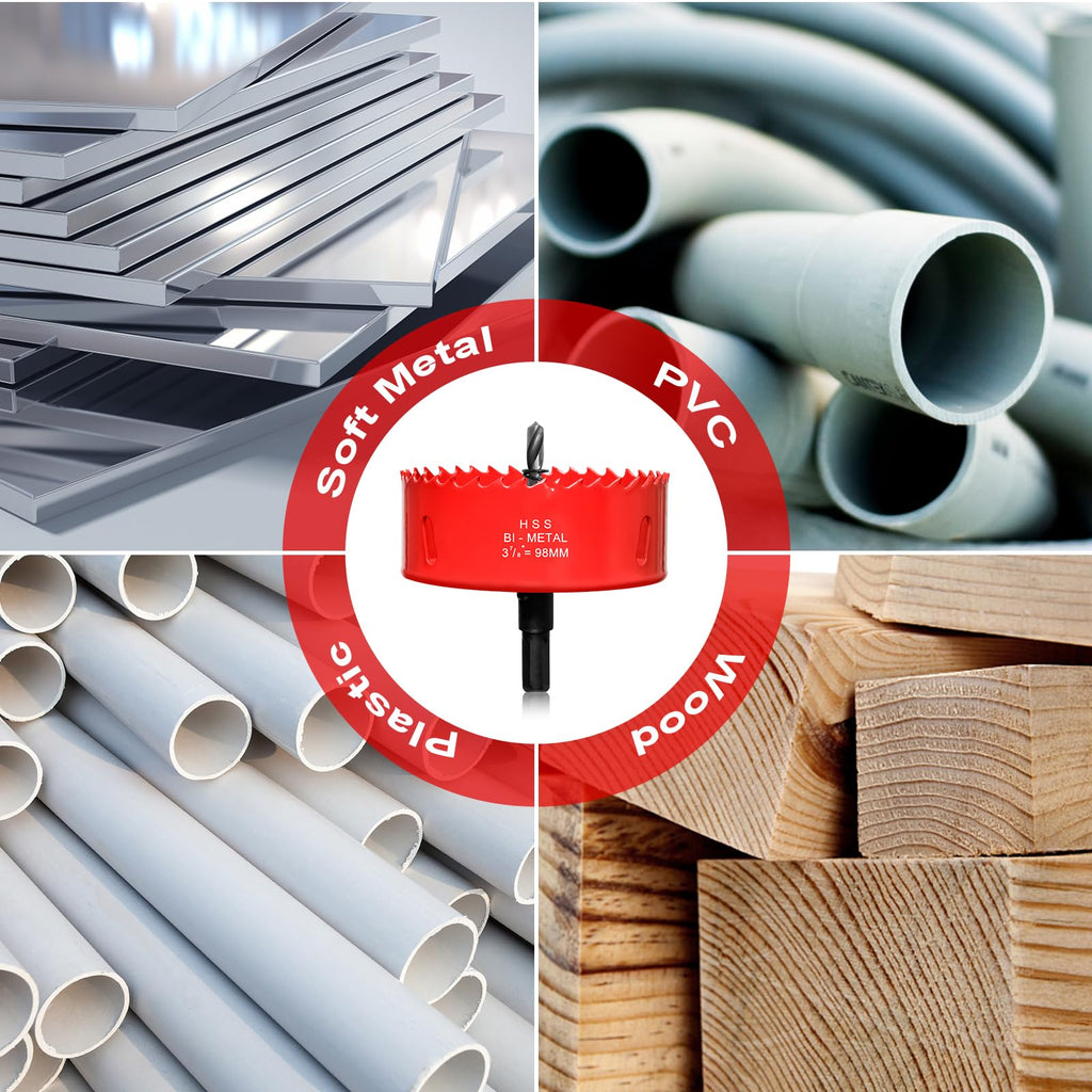 Hole Saw 3 7/8” (98mm) for Wood and Plastic, HSS Bi-Metal Hole Cutter Core Drill Bit for Drywall, PVC Boards, Fiberglass and Vent Pipes
