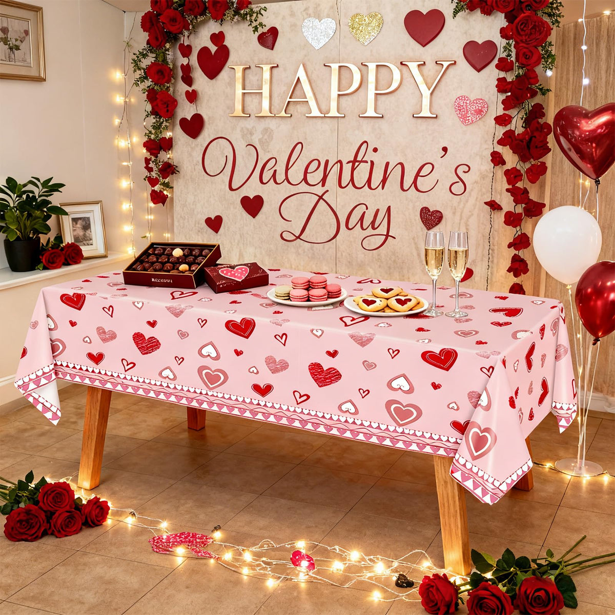 3 Pieces Valentine’s Day Hearts Plastic Tablecloth – 54x108 Inch Pink and Red Disposable Love Table Covers for