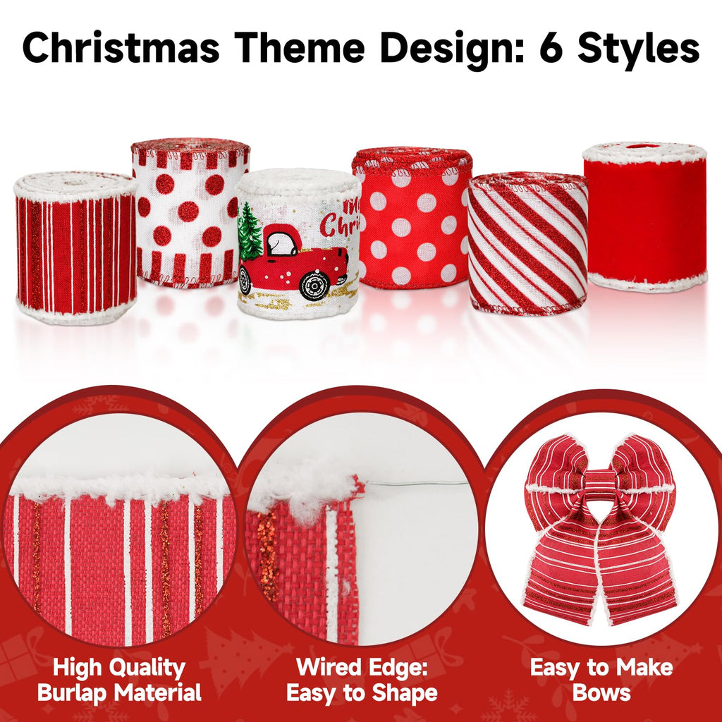 Christmas Ribbon Wired 2.5" x 30 Yards Red and White Ribbon