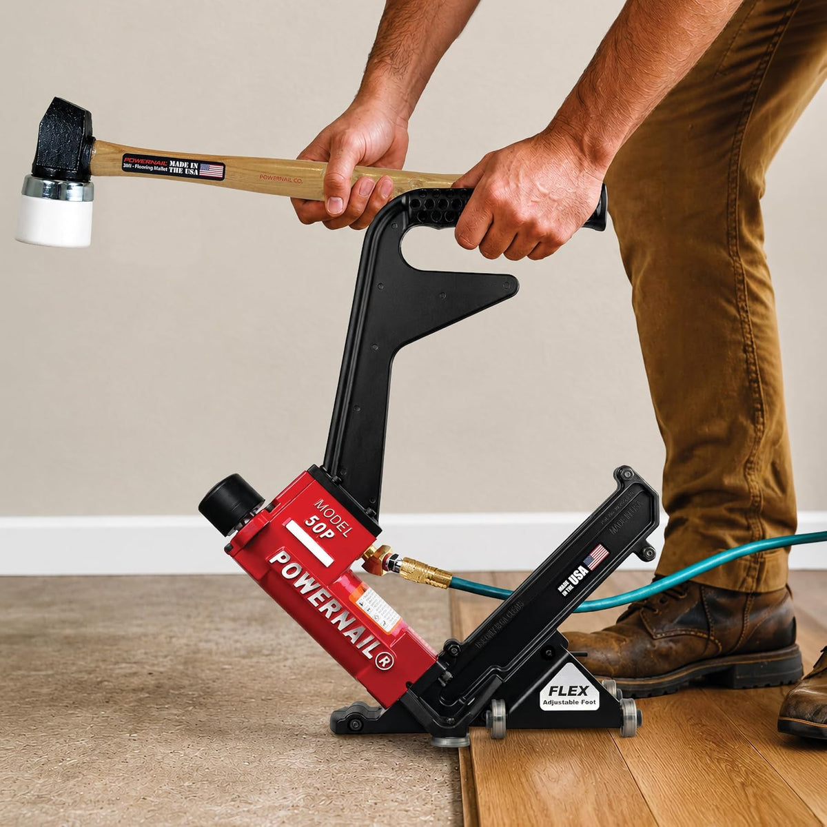 50P2FLEXPRXLW Pneumatic 18 Gauge L-Cleat Flooring Nailer with Flex Power Roller Adjustable Base