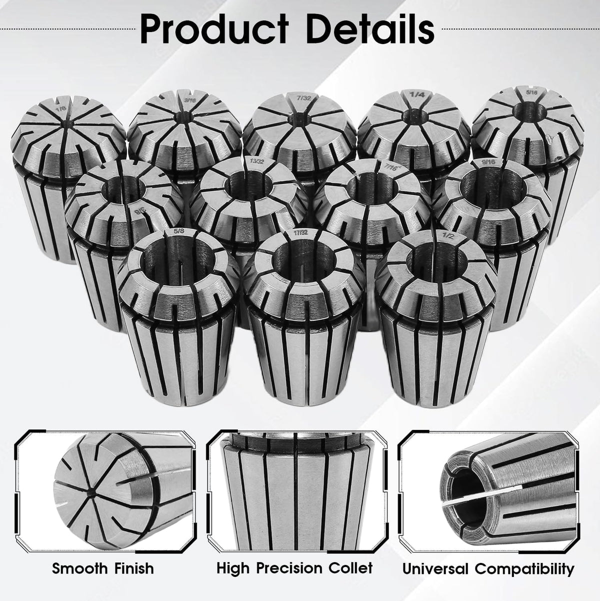 ER25 Spring Collet Set, 12-Piece 65Mn Spring Steel Precision Router Collets for CNC Milling, Engraving & Lathe Tool Holding（1/2,1/4,1/8,3/8,5/8,3/16,5/16,7/16,9/16,7/32,13/32,17/32）