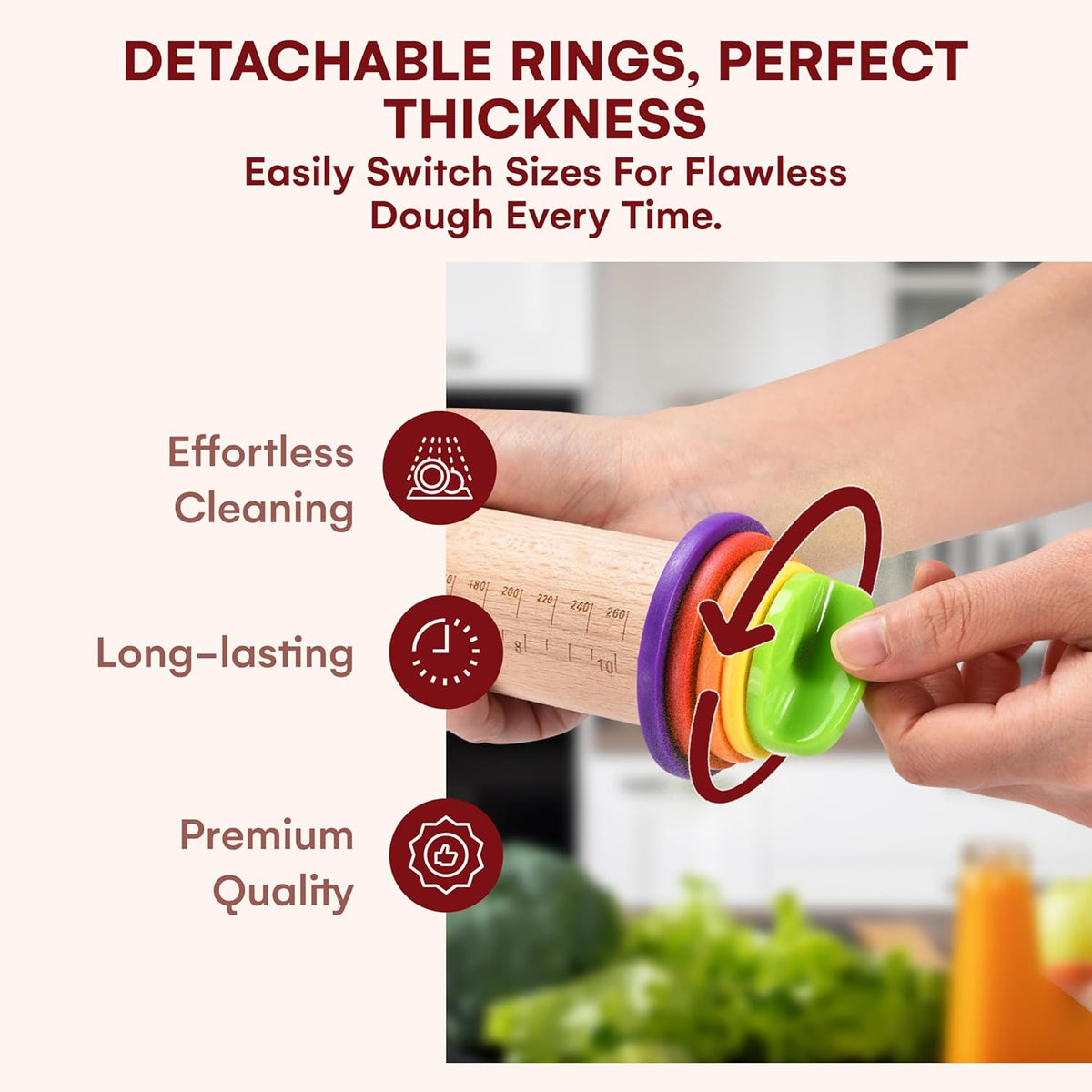 Rolling Pin with Thickness Rings - Adjustable Wooden Rolling Pin - Baking Essential and Roller Tool - Consistent