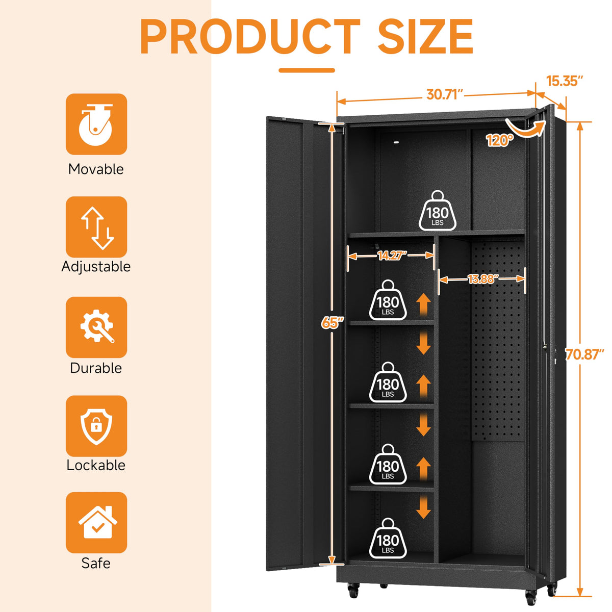 Metal Garage Storage Cabinet with 2 Doors, Adjustable Rolling Tool Storage Cabinet with Lock, 71" Steel Locking Broom