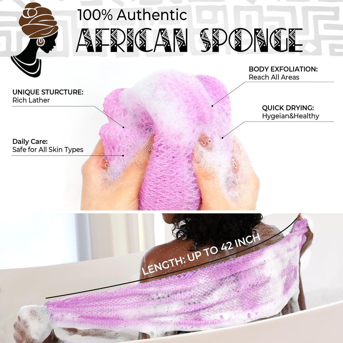 African Net Sponge Authentic - 4 Pack Exfoliating Body Scrubber Bath Sponge - Loofah Washcloth Back Scrub for Shower