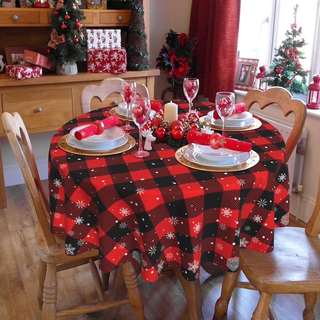 Christmas Snowflake Tablecloth 60 Inch Round, Red Black Buffalo Plaid Cover