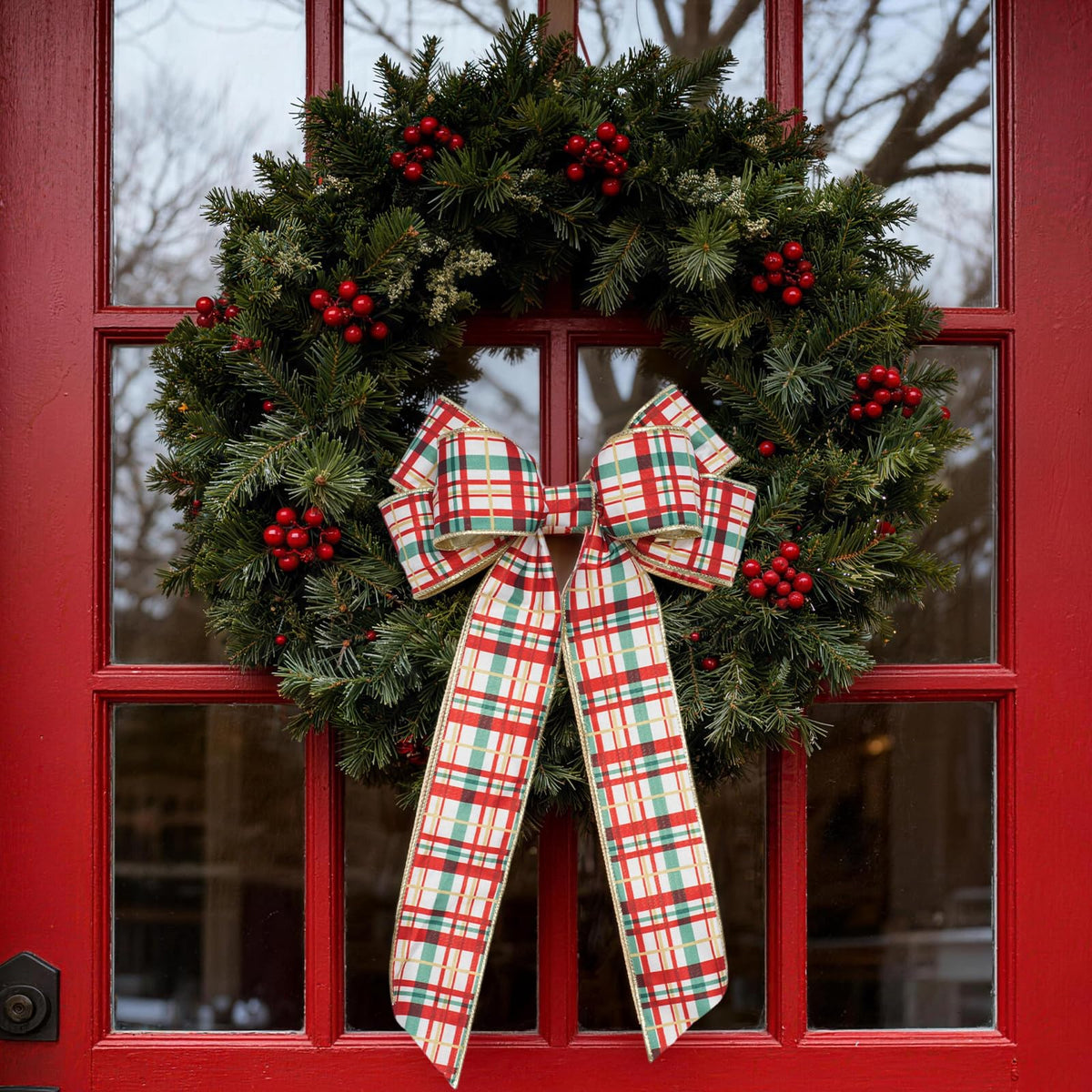Red Green Plaid Wired Christmas Ribbon, Gold Metallic Back