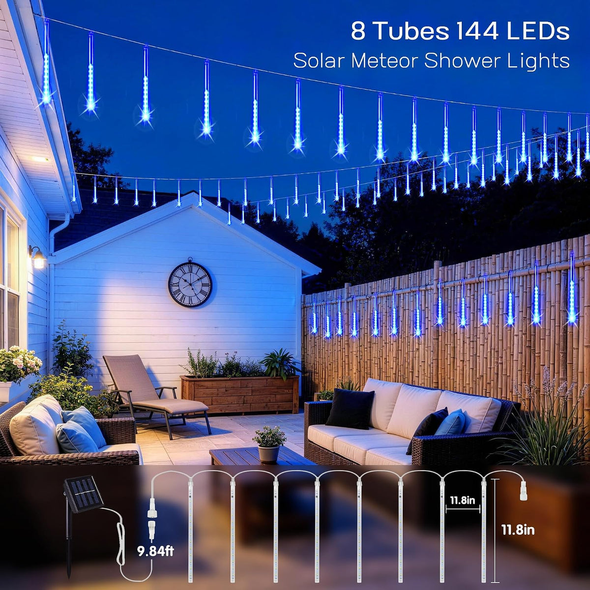 Solar Lights for Outdoor Decor, Solar Meteor Shower Lights Outdoor | 8 Tube 144 LEDs , Hanging Blue Christmas Lights