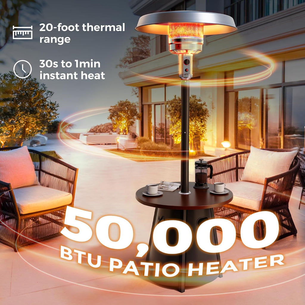 Patio heater, Propane Outdoor Heater with Round Table, Premium 304 Stainless Steel Burner, Triple Protection System，2