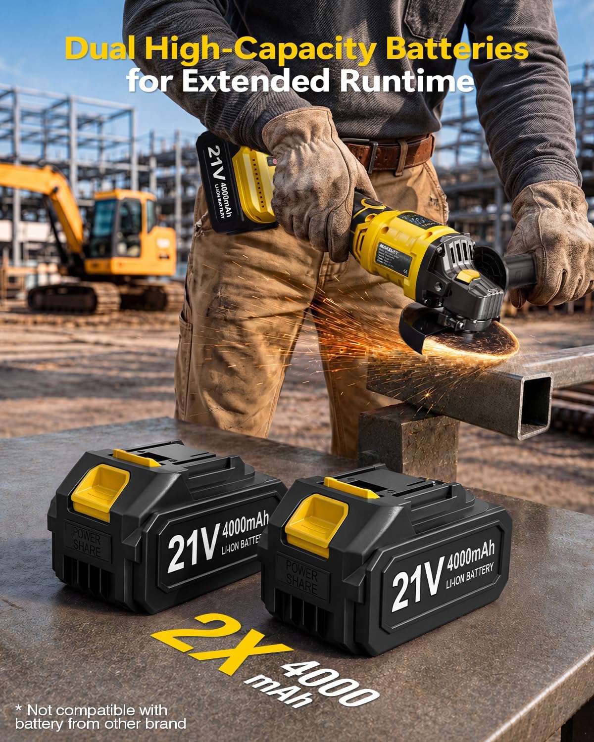 Cordless Angle Grinder, 4-1/2" 10000RPM Cut Off Tool with 2×4.0Ah Batteries | Cordless Grinder, 4-1/2" Disc