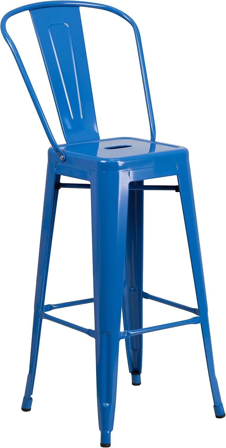 30" H Blue Metal Indoor-Outdoor Barstool with Back