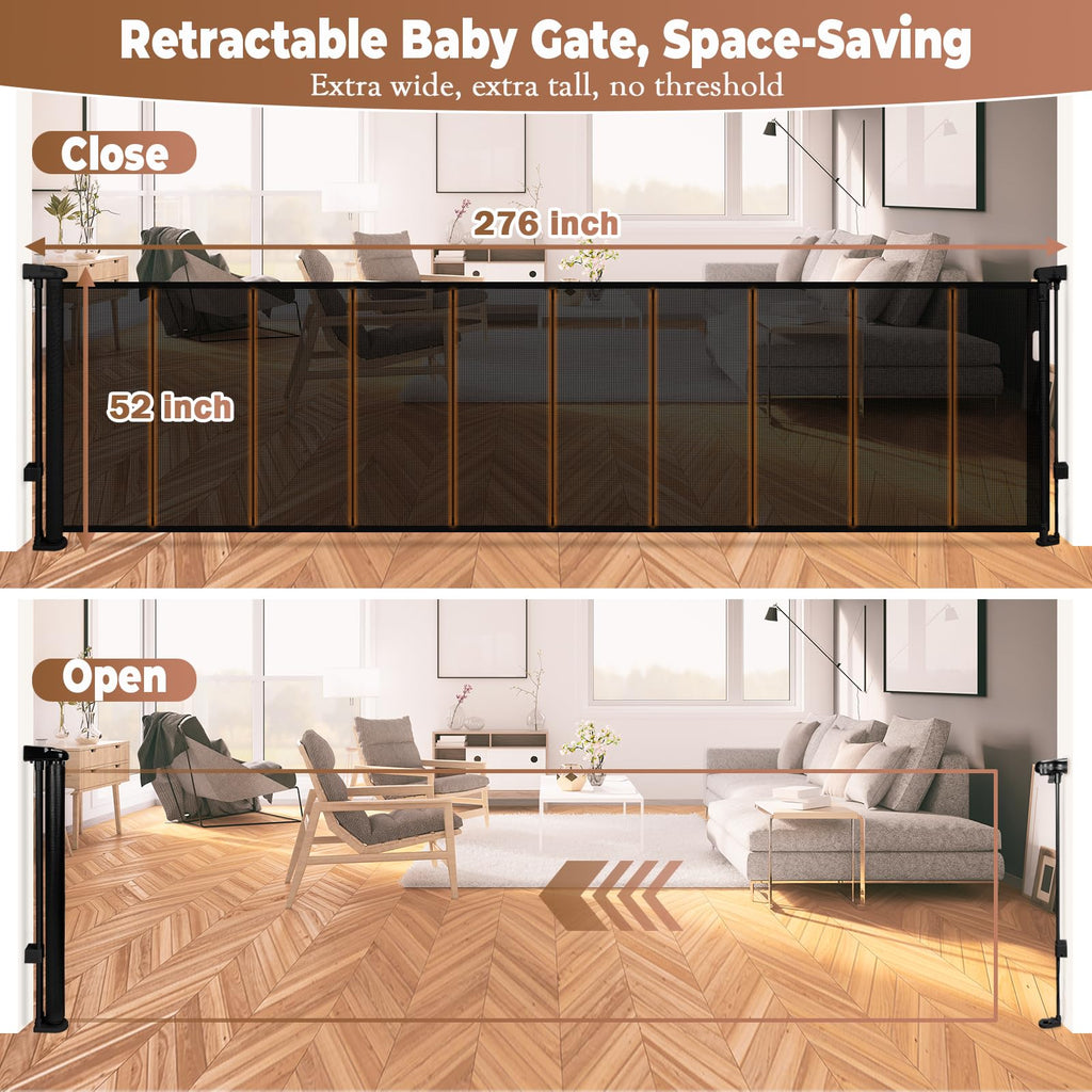 276" x 52" Tall Extra-Wide Retractable Indoor Mesh Pet & Child Safety Gate with One-Hand Safety Lock for Wide Openings, Patios & Stairways