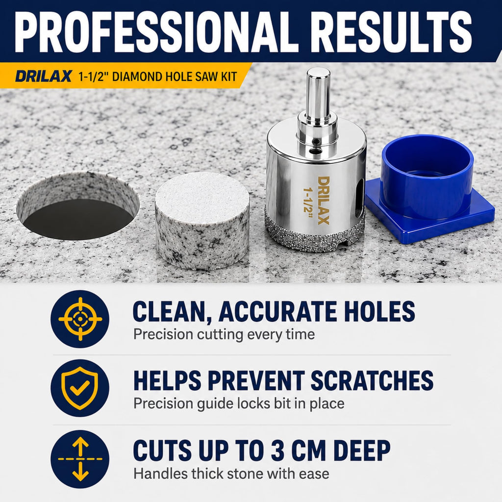 1 1/2 in Diamond Hole Saw Kit, Water-Cooled Guide for Clean, No-Chip Holes