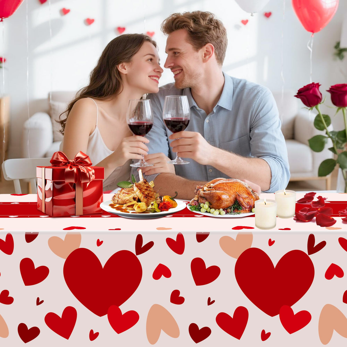 Valentines Day Decorations,3 Pack Valentines Tablecloth 54 x 108 Inch,Plastic Table Cloth Disposable Rectangle,Heart