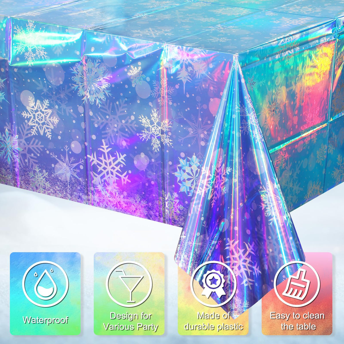 3 Pack Iridescent Winter Snowflake Plastic Tablecloth Decorations, Holographic Blue and Purple Snowflake Winter