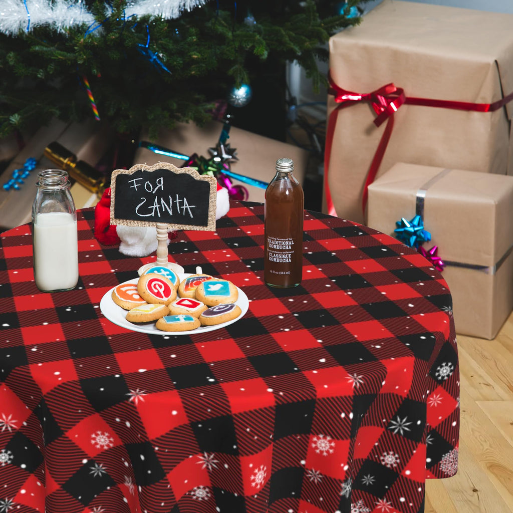 Christmas Snowflake Tablecloth 60 Inch Round, Red Black Buffalo Plaid Cover