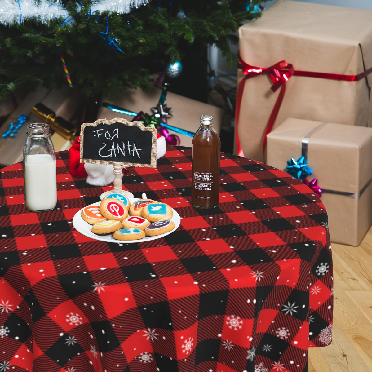 Christmas Snowflake Tablecloth 60 Inch Round, Red Black Buffalo Plaid Cover