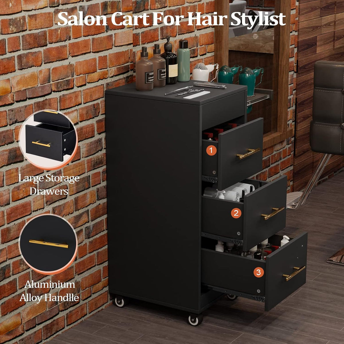 Salon Trolley Cart with Wheels, 3-Drawer Rolling Hair Styling Station, Mobile Beauty Trolley with Hot Tools Holder
