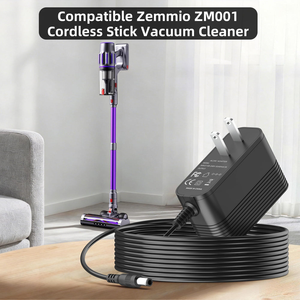 Power Cord for Zemmio ZM001 Cordless Vacuum Cleaner