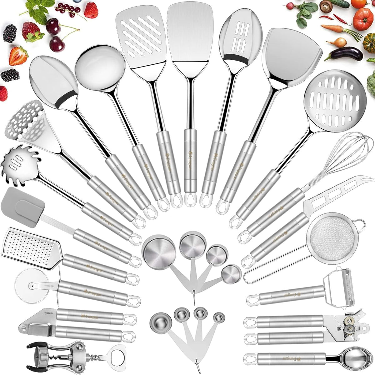 Stainless Steel Kitchen Utensil Set- Fungun 28 Pcs Cooking Nonstick Cookware Set with Spatula - Best Gadgets Tools