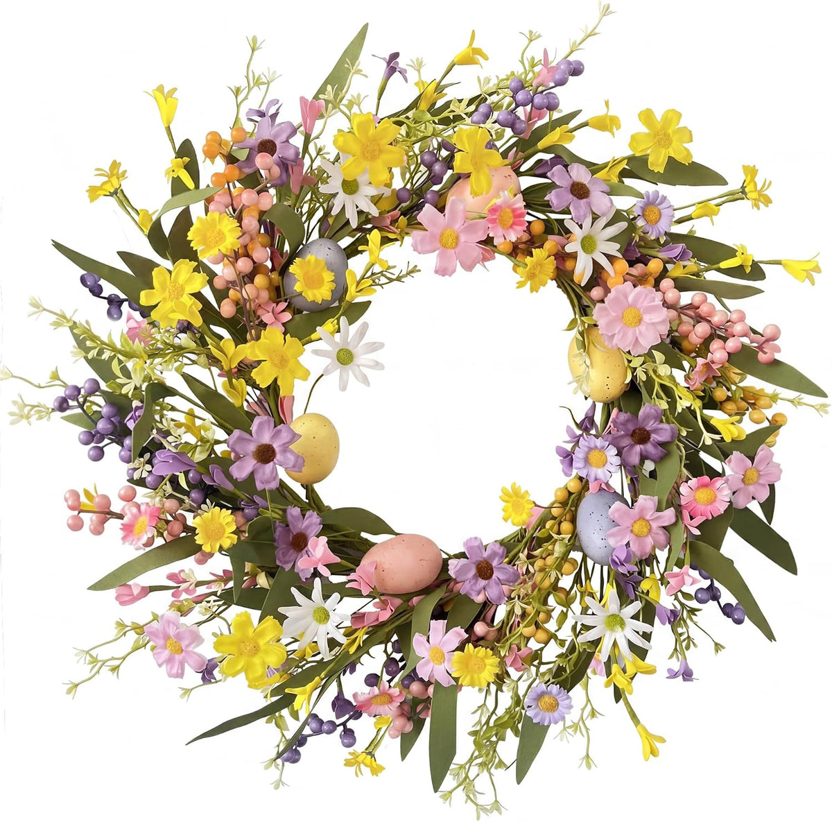 20" Easter Wreath for Front Door Decoration, Artificial Spring Wreath with Flowers and Colorful Easter Eggs, Easter