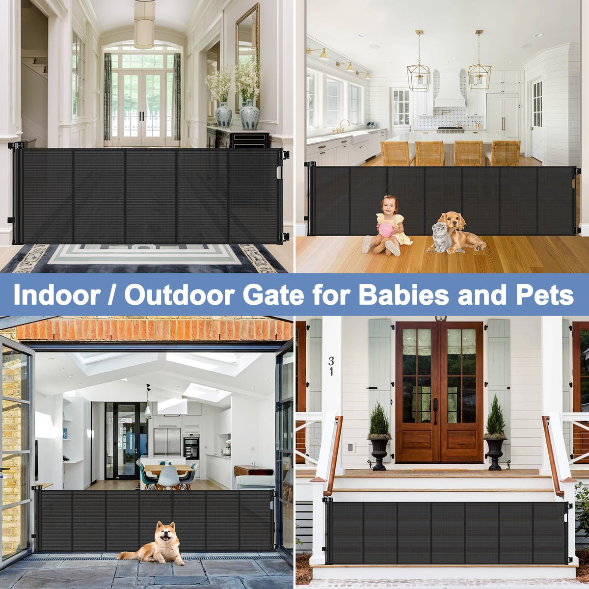 200" 16.7ft Extra-Wide Retractable Indoor/Outdoor Mesh Pet & Child Safety Gate with One-Hand Safety Lock for Wide Openings, Patios & Stairways
