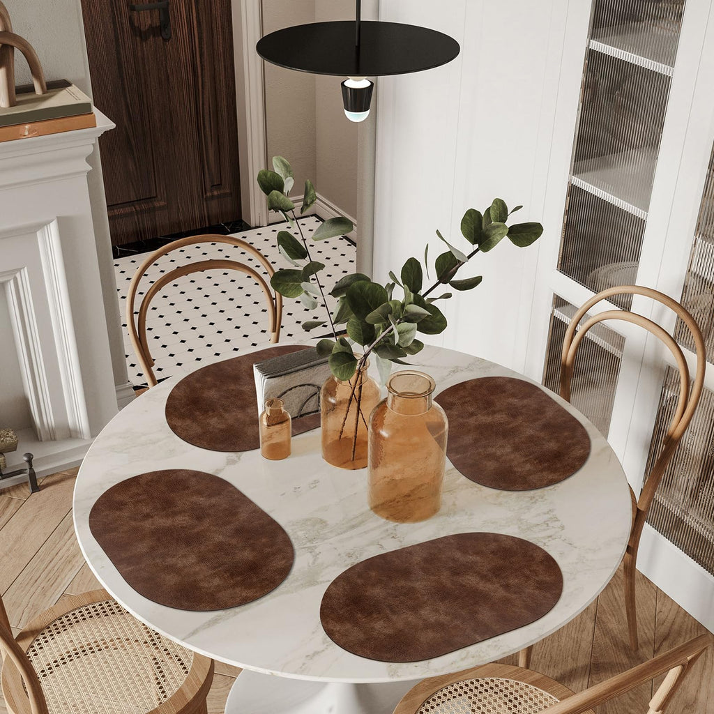 Oval Placemats Set of 4, Wipeable Faux Leather, Brown