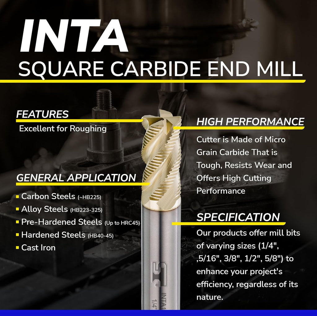 SPEED TIGER INTA Carbide Roughing End Mill - for Alloy Steels/Hardened Steels - Micro Grain Carbide End Mill - ZrN-A Coating - 4-Flute - INTA1/4-4 (1 Piece, 1/4")